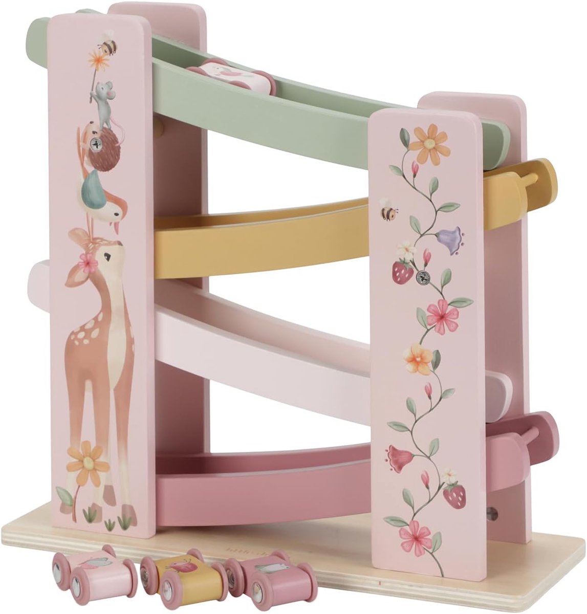 Houten Kogelbaan - Autoracebaan - Kinderspel - 4 Auto's Inclusief - 28 cm - Fairy Garden Roze