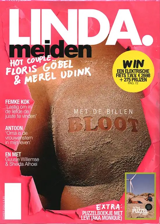 LINDA.meiden magazine met Floris Göbel & Merel Udink. De cover toont een close-up van een kont bedekt met zand.