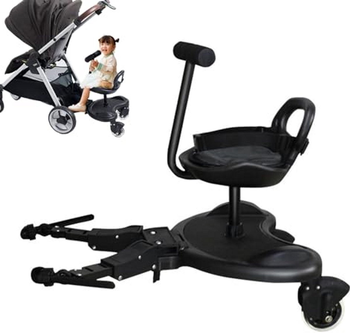 Meerijdplankje met zitje - Kinderwagen plank - Extra zitplaats - Universeel verstelbaar - 2-in-1 functie - Zwart
