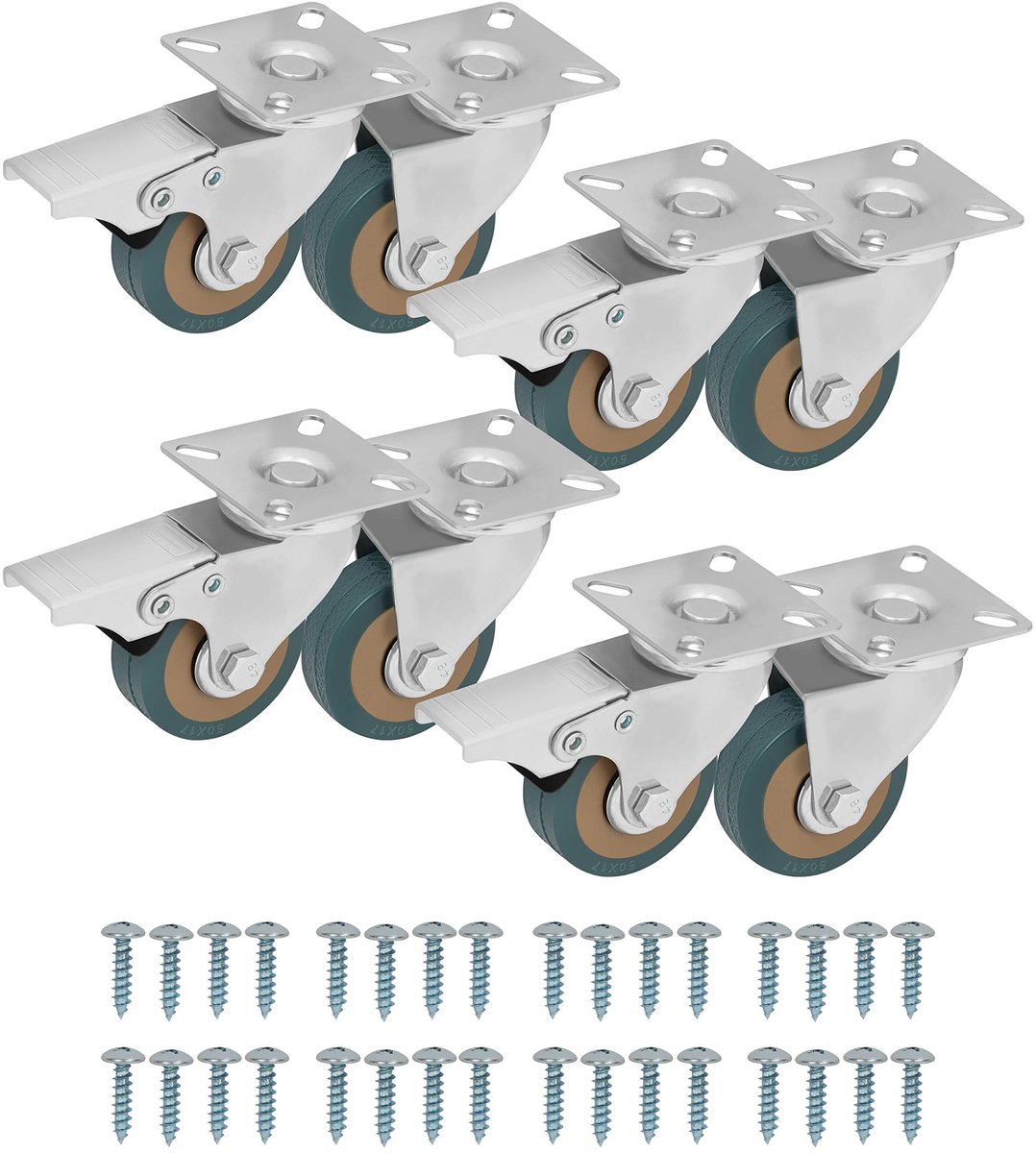 Dailygoods- Zwenkwielen Set van 8 - Zware Kwaliteit - 50 mm Rubberen Wielen - Zwenkwielen met Rem - Meubelwielen - Industrieel Gebruik - Draagvermogen 50 kg