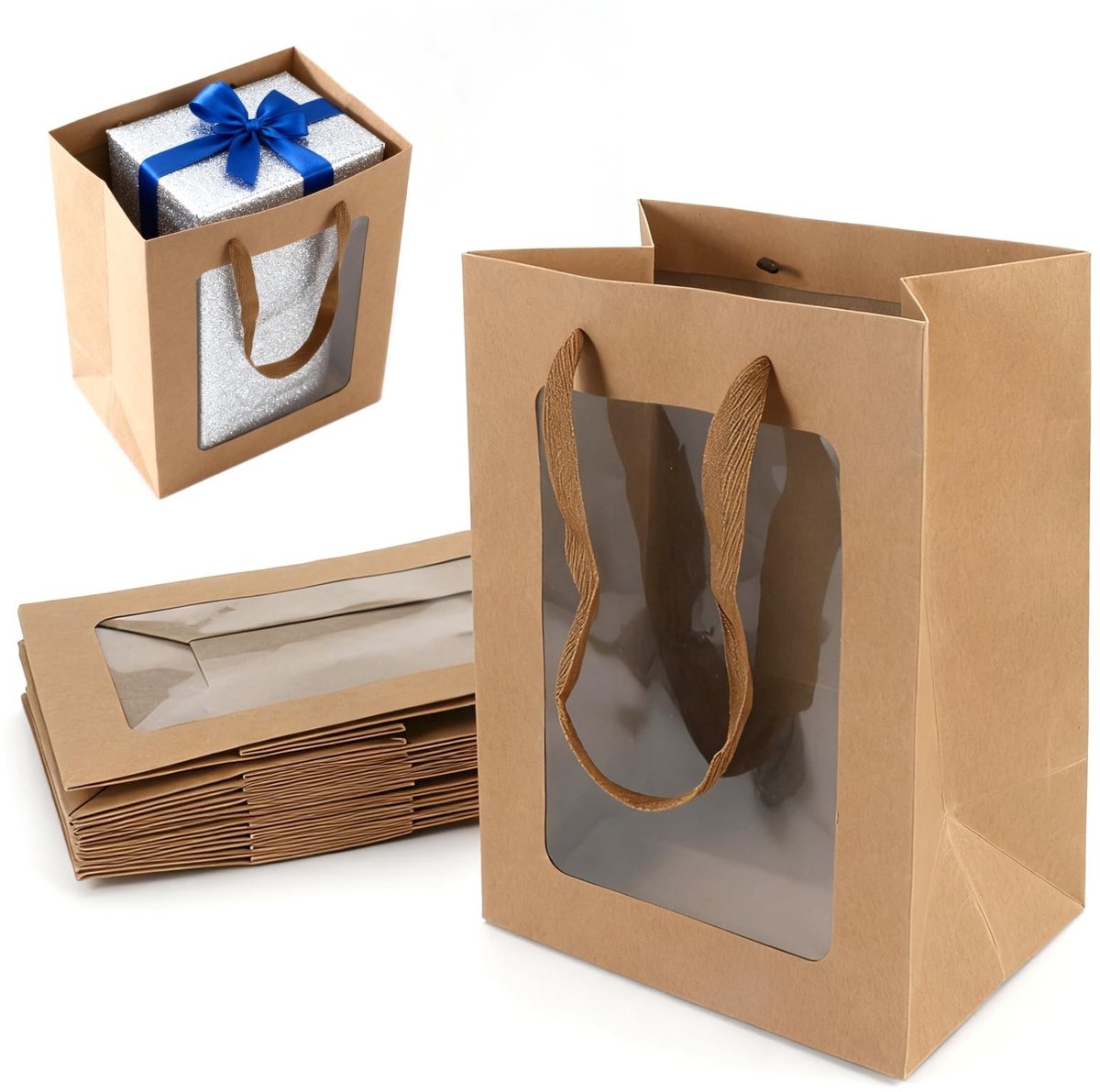 Dailygoods- Cadeauzakjes 10 stuks - Kraftpapier - Vensterdesign - 25 x 18 x 13 cm - Geschenktas - Bruine Zakjes - Verpakking voor Feest - Geschenkzakjes