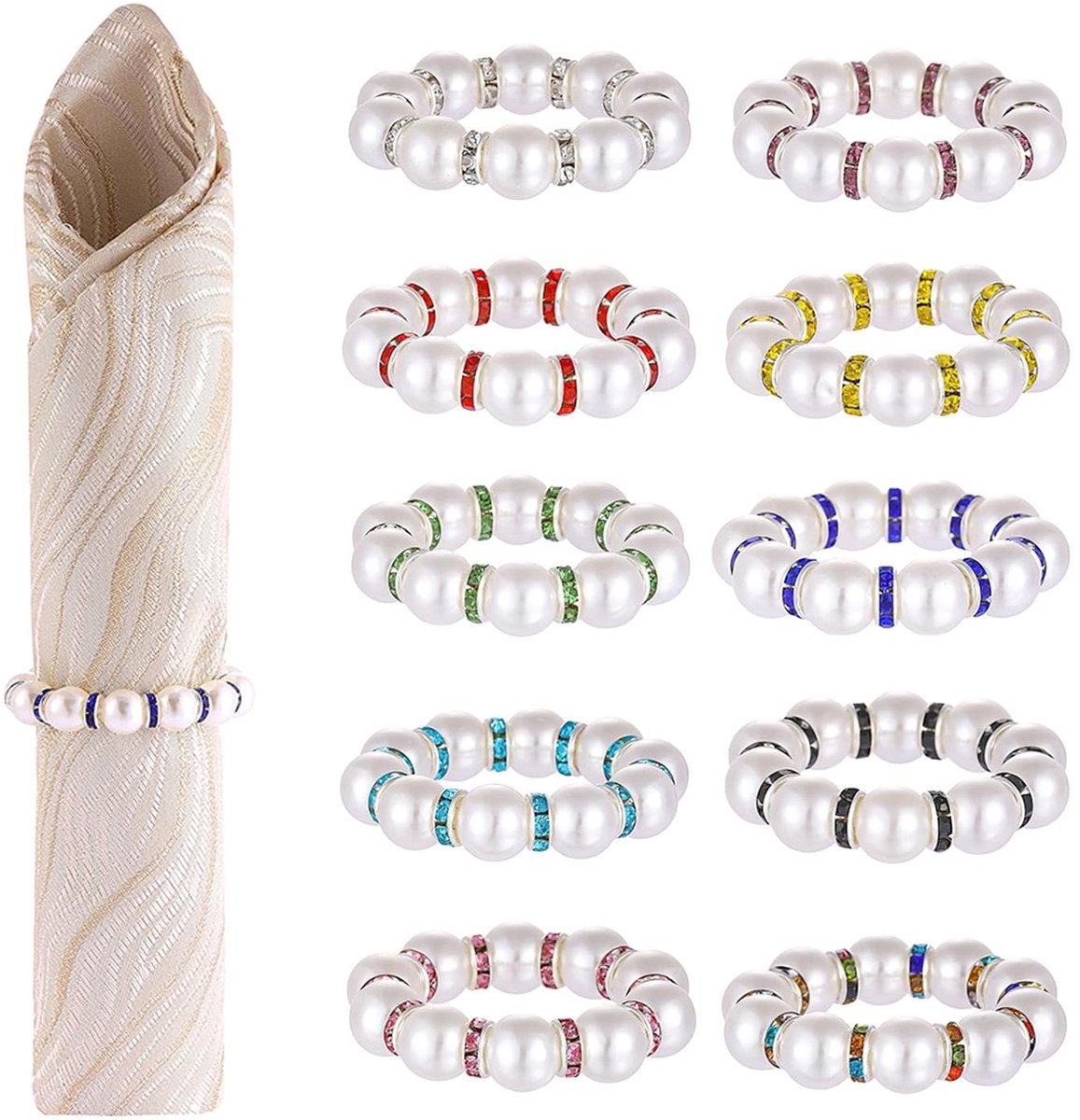 Dailygoods- Servetringen set van 10 - Kunstparels - Strass-steentjes - Diameter 4,5 cm - Tafeldecoratie - Elegante uitstraling - Napkin Ring