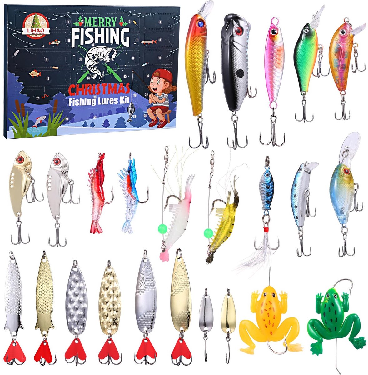 Dailygoods- Hengeladventskalender 2025 - Vishaak/Visset - Cadeau voor Mannen/Jongens - 24 Aasjes - Hoogwaardige Materialen - Verrassingscadeau - Vissen Adventskalender