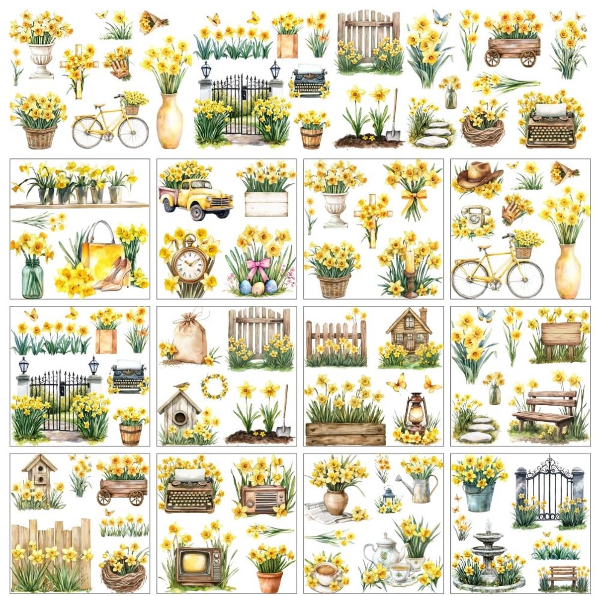 Dailygoods- Transferstickers Vintage Thema - 12 Vellen - Narcissen Bloemen - Zakhorloge - Retro Landelijke Decoratie - 12 x 13 cm - Decoratiestickers