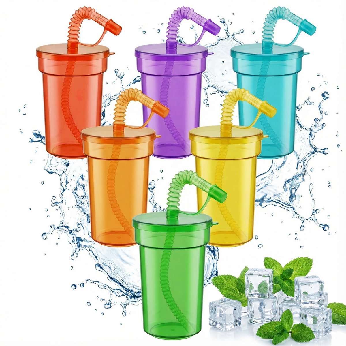 Dailygoods- Partybekerset 12 Stuks - Herbruikbare Bekers - BPA-vrij - Met Deksel/Rietje - 380 ml - Duurzaam PP-Materiaal