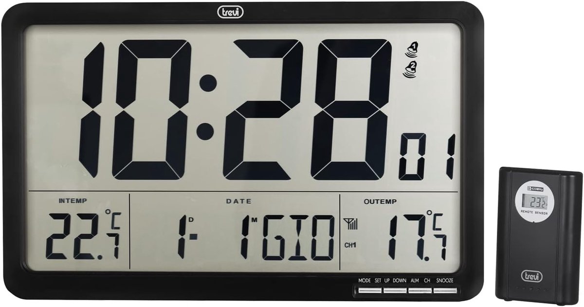 Digitale Wandklok - Wekker Kalender - Tijd Weergeven - Met Buitensensor - 40 x 25 cm - Zwart