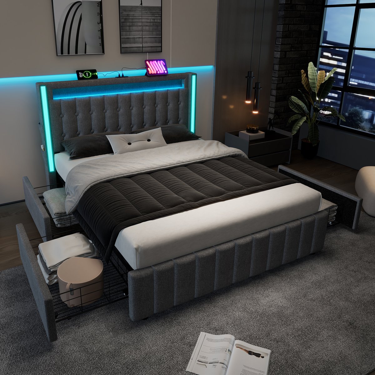 DESMIU Gestoffeerd Bed 140x200 cm – USB C Oplaadfunctie En Ledverlichting – 4 Laden Met Opbergruimte – Voor Jeugd En Slaapkamer – Linnen – Grijs – Zonder Matras