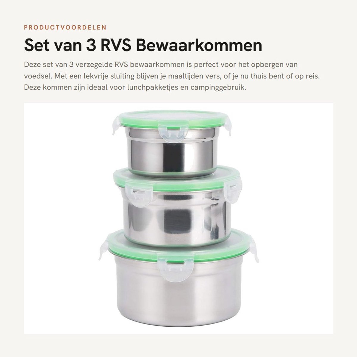 Dailygoods- Voedselcontainer 3 Stuks - RVS - Lekvrij - Koelkast Bewaar Kom - Lunch Box - Camping Reis - Diameter 15/13/11 cm - Lunchbox