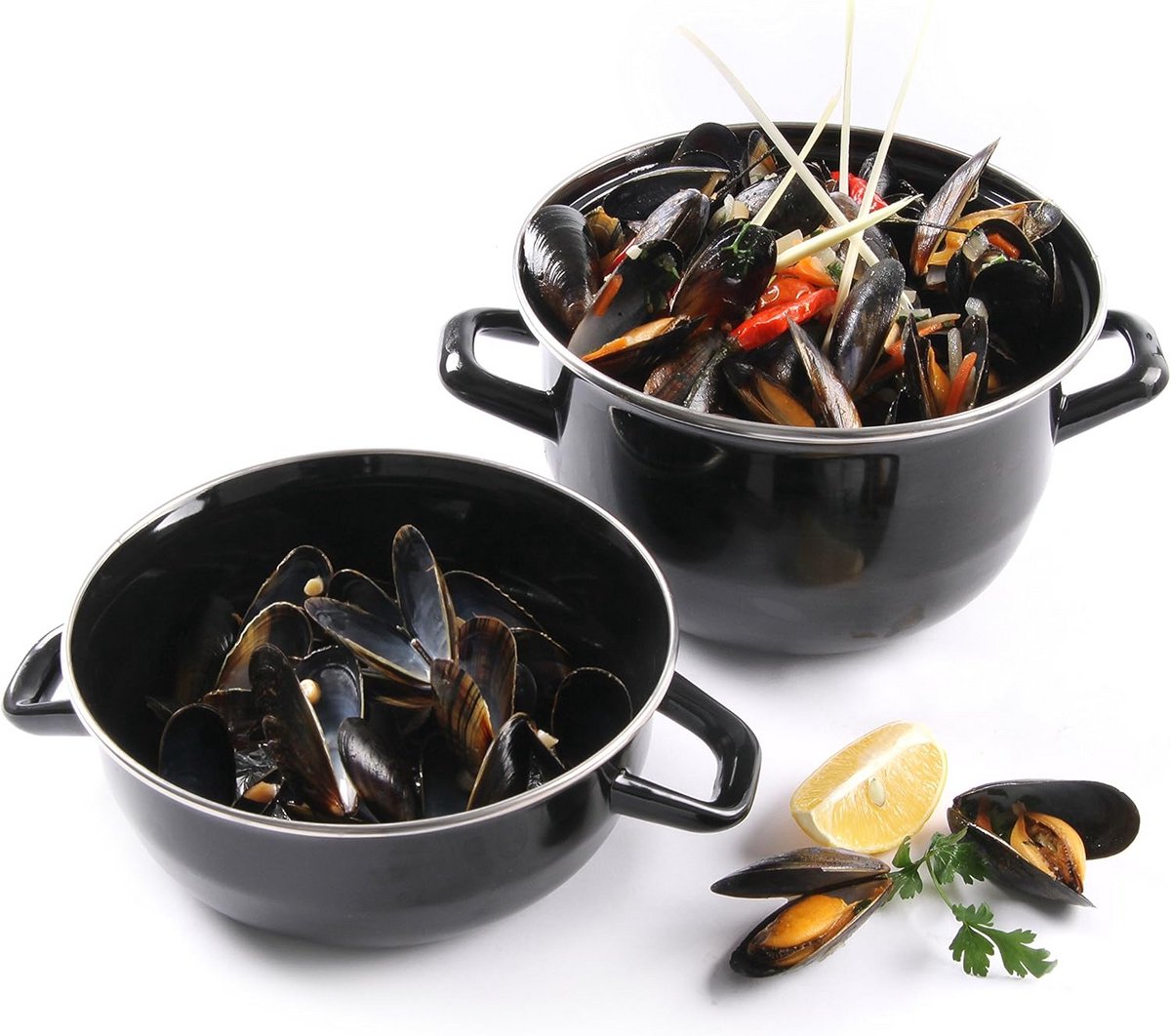 Mosselpan met deksel - Mosselpot - Zeevruchten bereiden - Omgekraalde rand - 2 liter - Zwart
