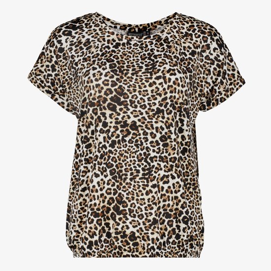 T-shirt marron imprimé léopard à manches courtes. Ourlet élastique.