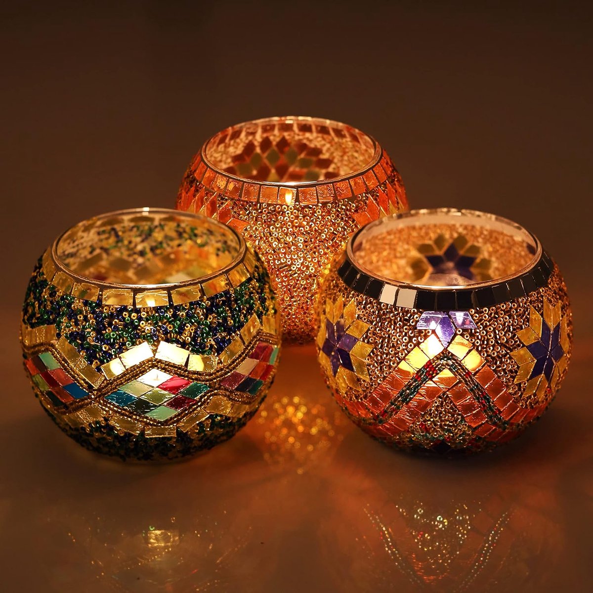 Glas in Lood Votief Theelichten Set - decoratie - 3 stuks - mozaïek - B10,2 x H7,8 cm