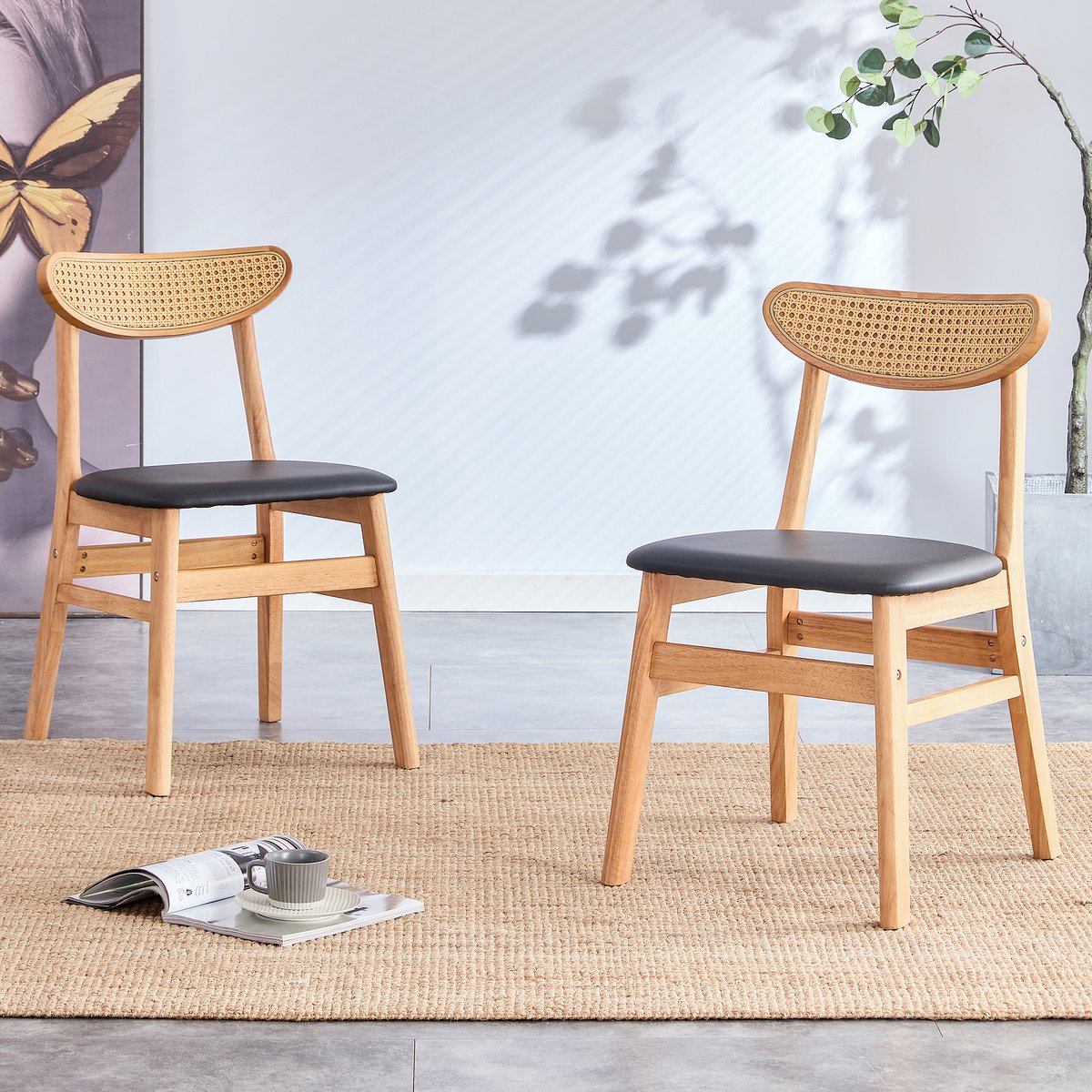 HAUSS SPOLE Eetkamerstoel - Set Van 2 - Rotan Rugleuning En Gevoerde Zitting - Voor Eetkamer En Keuken - Rubberhout Houtkleur
