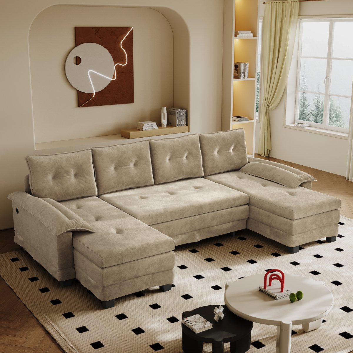 MIVRAY U-Bank 278 Cm - Slaapbank Met USB En Afneembare Armleuningen - Voor Woonkamer En Appartement - Chenille Kamel Camel