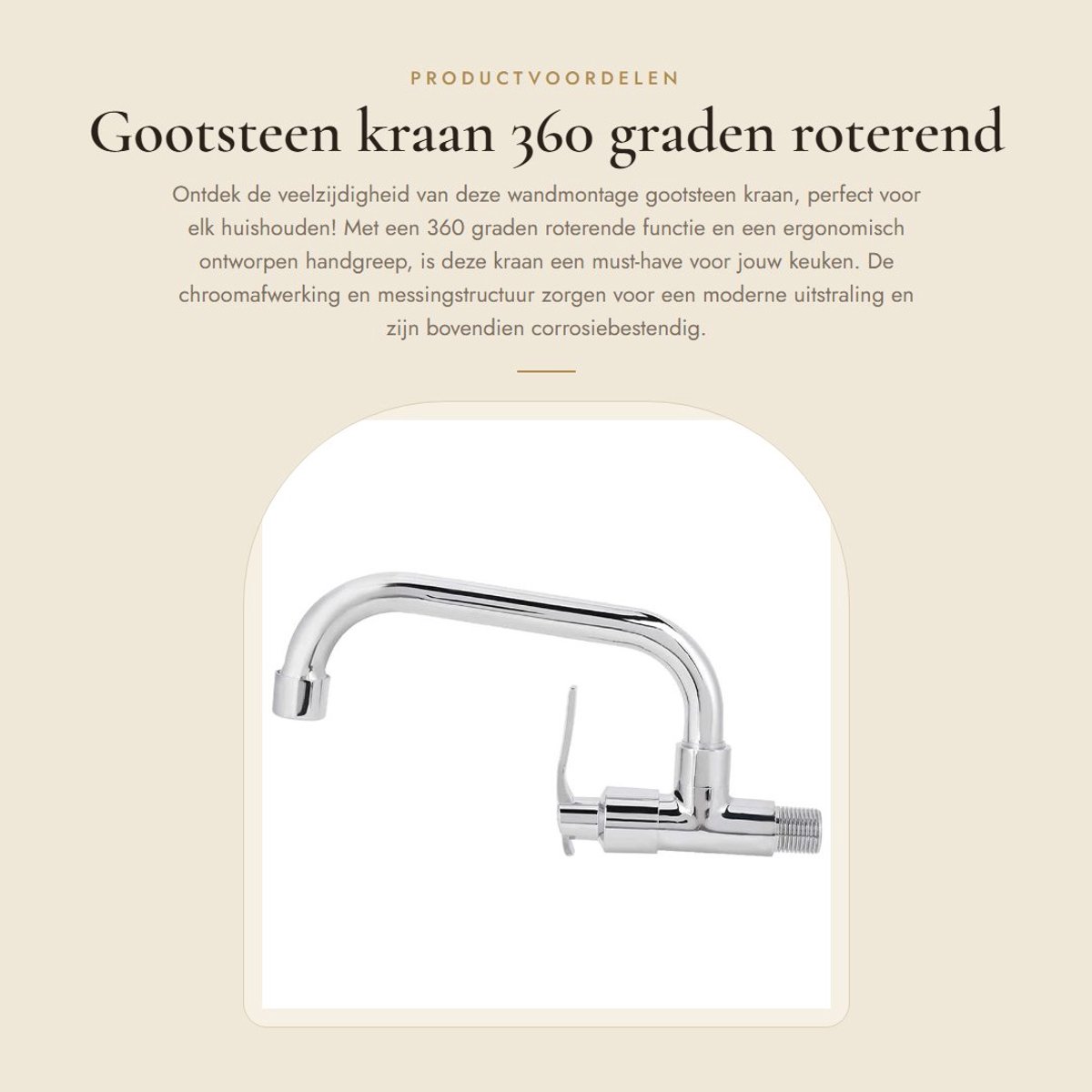 Dailygoods- Gootsteenkraan 360° Roterend - Wandmontage - Messing/Roestvrij Staal - Ergonomische Handgreep - Corrosiebestendig - Eenvoudige Installatie - Keukenkranen