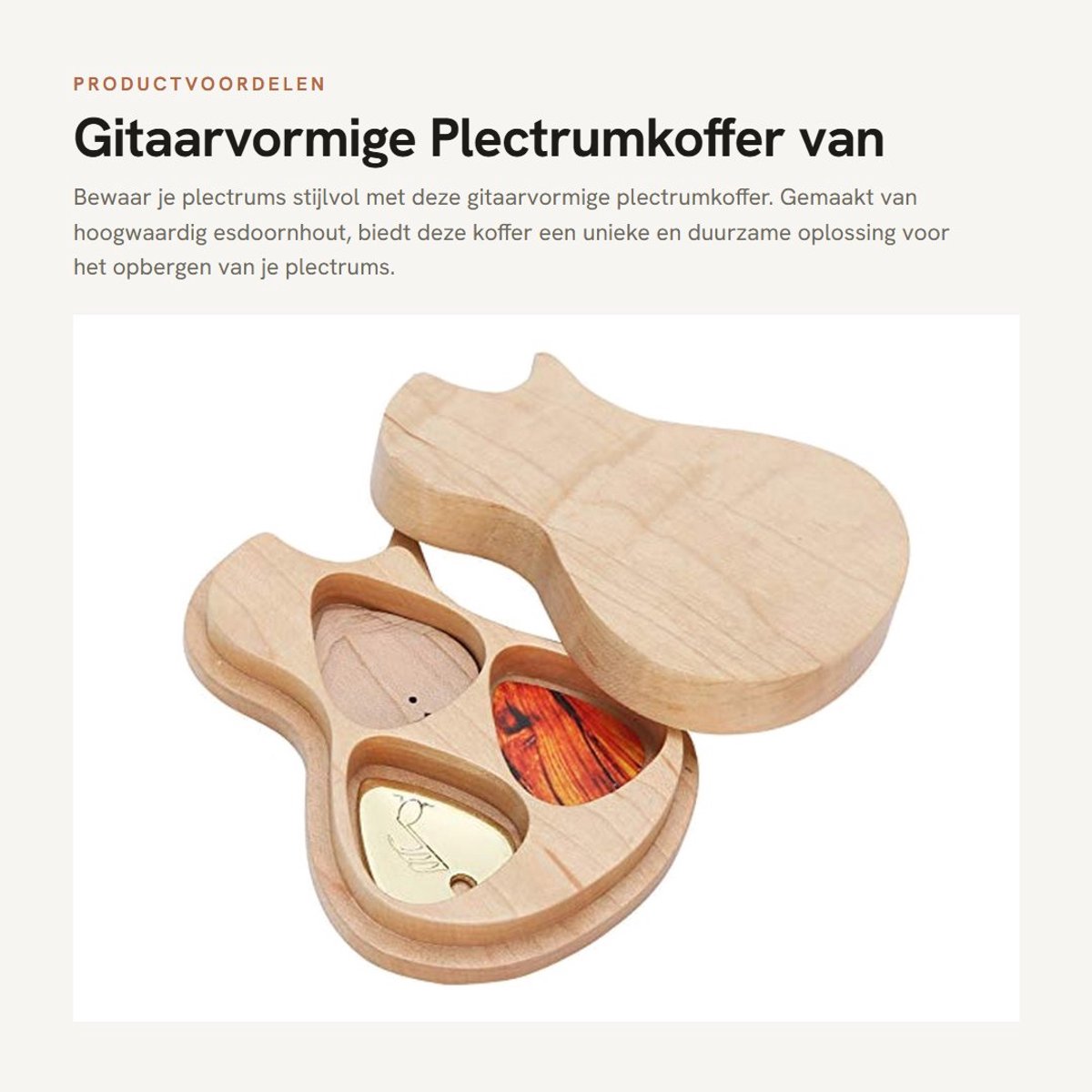Dailygoods- Plectrumkoffer van esdoornhout - Houten plectrumdoos - Inclusief 3 plectrums - Gitaarvormig design - Duurzaam materiaal