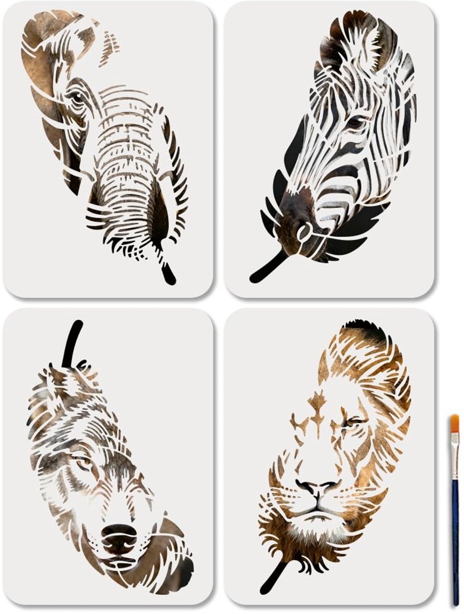 Dailygoods- Gezichtssjabloon Herbruikbaar - 4 Dieren/Schildersjablonen - 29,7 x 21 cm - Kunstkwast - Afrikaanse Fauna - Creatief Ontwerp - Schildersjabloon