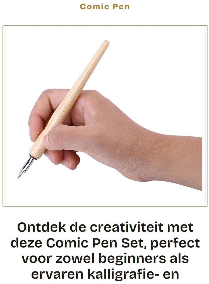 Dailygoods- Comic Pen Set - Houten Houder - Inkt - 3 Penpunten - Kalligrafie - Ergonomisch Design - 5 ml Inktcapaciteit - Tekenpennen