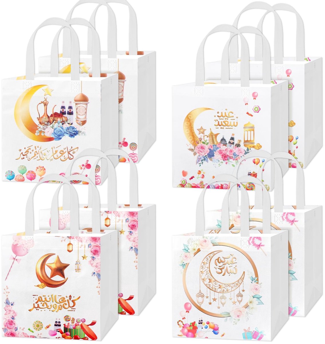 Dailygoods- Geschenkzakjes 8 Stuks - Herbruikbare Niet-geweven Zakken - Eid Ramadan Decoraties - Ramadan Snoepzakjes - Handvat - 23,5 x 21,5 x 11 cm - Cadeautassen