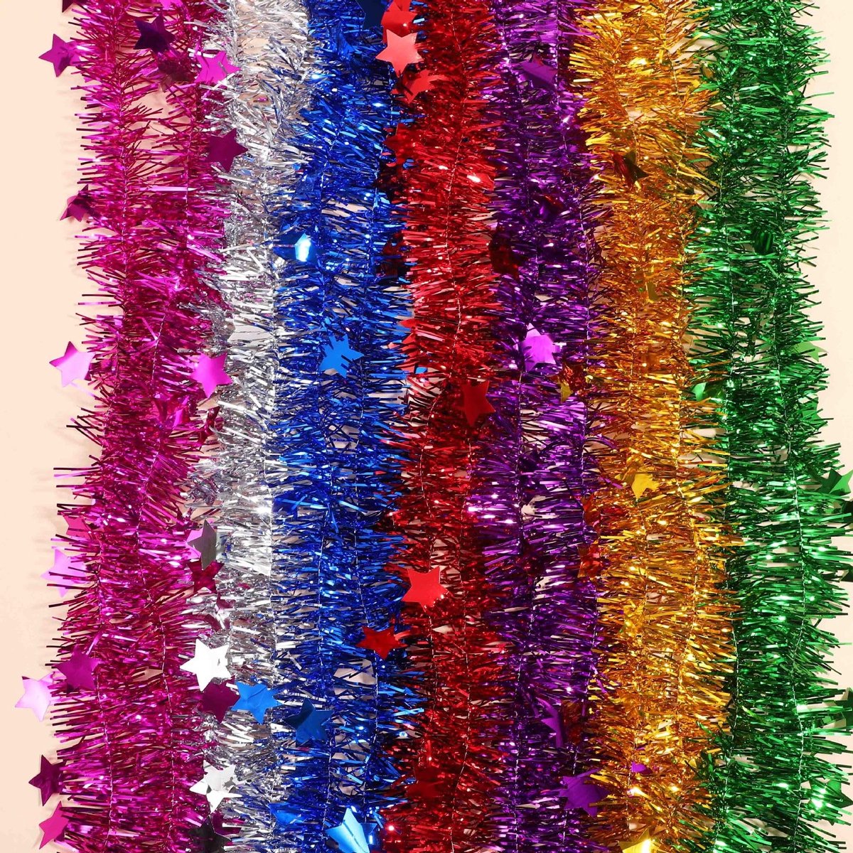 Dailygoods- Kerstboom Slinger 10 Stuks - 2 Meter Lang - Kunststof - Gemengde Kleuren - Decoratie voor Feestdagen - Klatergoud Sterren - Kerstversiering