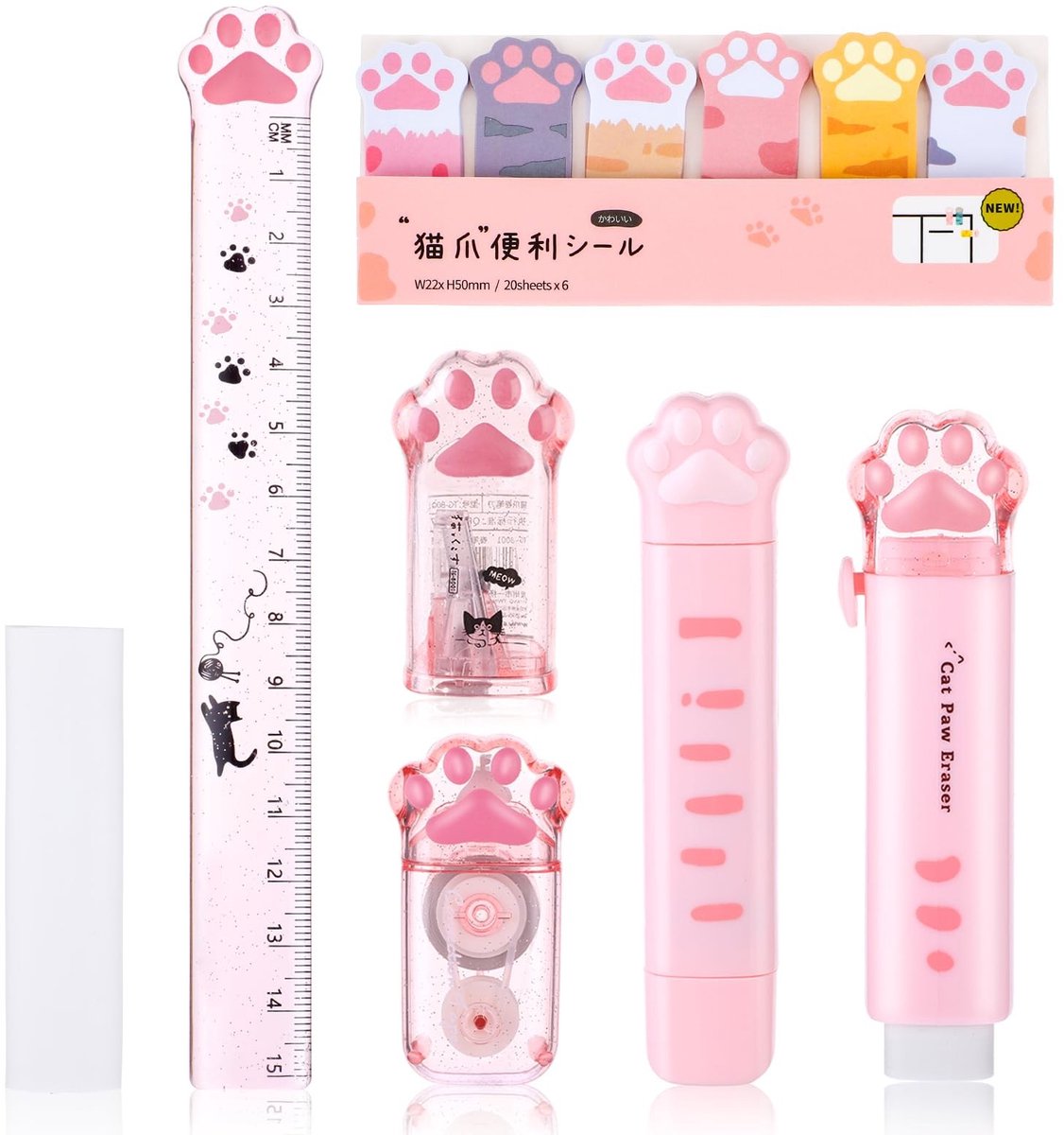 Dailygoods- Schrijfwarenset 7-delig - Kattenklauw Puntenslijper - Correctietape - Gum - Zelfklevende Notities - Liniaal 17 cm - Roze Combinatie - Stationery Set