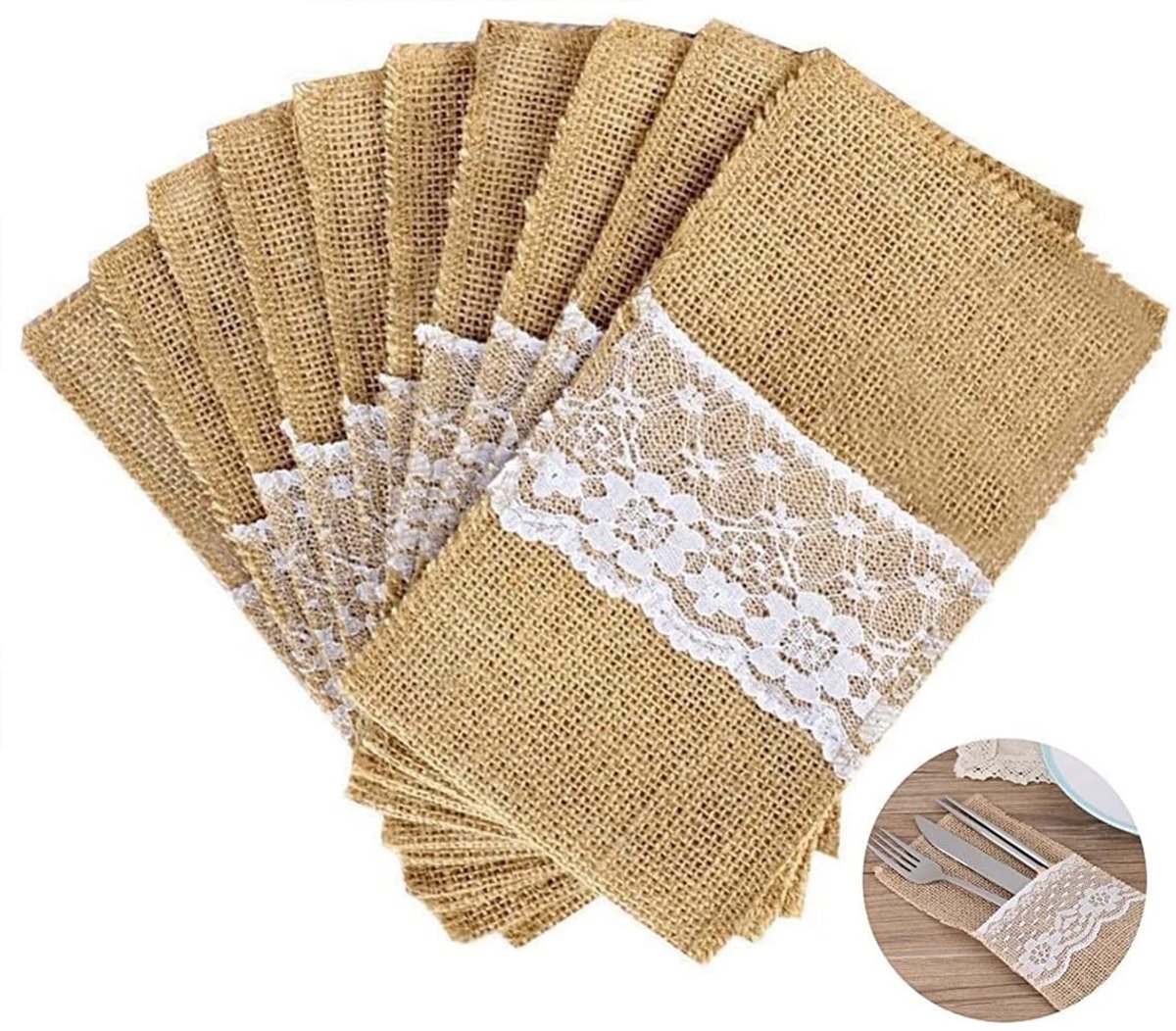 Dailygoods- Serviestas 10 Stuks - Jute/Kant - Herbruikbaar - Bruiloft/Kerstmis - 11cm x 21cm - Eenvoudig te Reinigen - Bestekzak