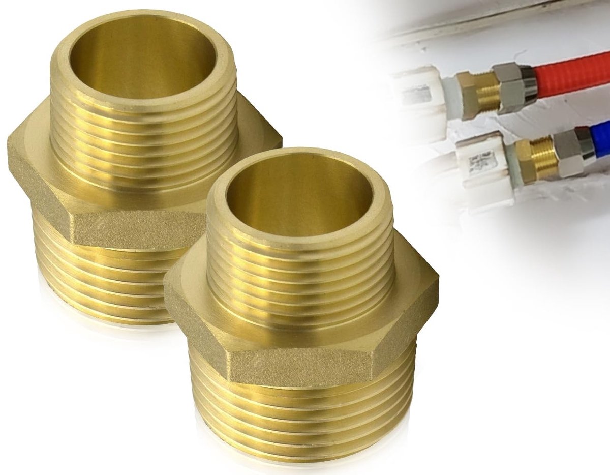 Dailygoods - Verloopnippel - Adapter voor waterpijp - Messing - 2 stuks - Dubbele schroefdraad - Geschikt voor slangaansluiting - G1/2 naar G3/4