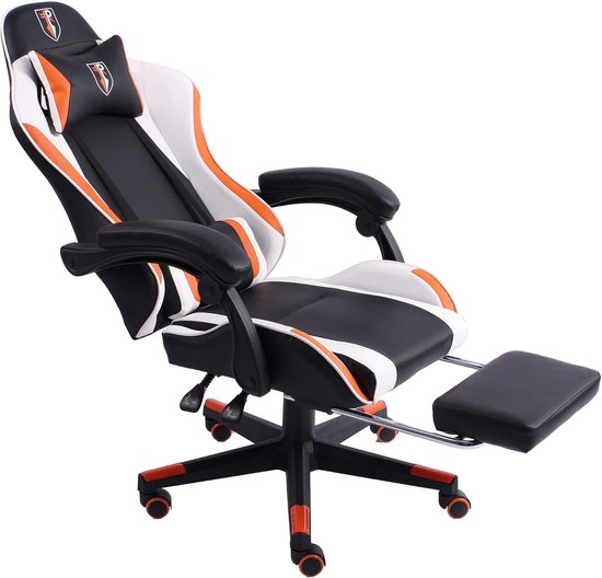 Ergonomische bureaustoel - Gamestoel lederlook - Comfortabel werken - Uittrekbare voetensteun - 126 cm hoog - Zwart wit oranje — afbeelding 4