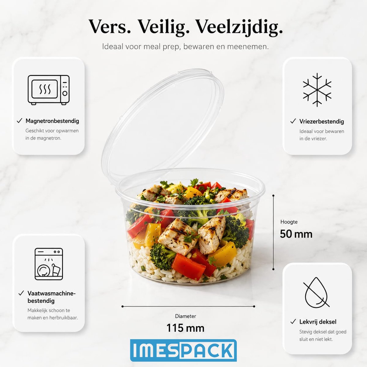 Magnetronbak + deksel - 100 stuks - PP - 350ml - Ø115mmx50mm - transparant - - vershoudbak - soepbak - diepvriesbak - magnetronbestendig - vaatwasveilig - IMES PACK