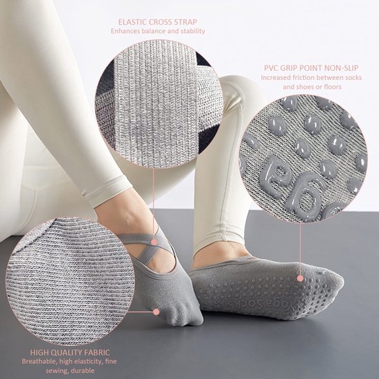 Antislip yogasokken - No-show sokken - Sterke grip - Roze, paars, grijs - Geschikt voor ballet, pilates, fitness - 3 paar yogasokken en 2... — afbeelding 3