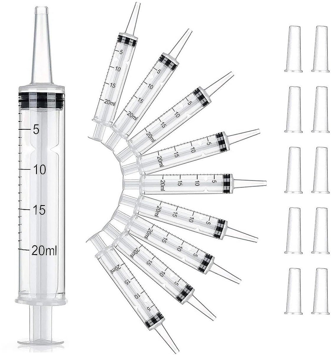 Dailygoods- Plastic Spuiten 10-Pack - 20 ml - Met Dop - Zonder Naald - Voor Wetenschappelijke Laboratoria - Duidelijke Gradatiemarkeringen - Rubberen Punt Afdichting - Spuit