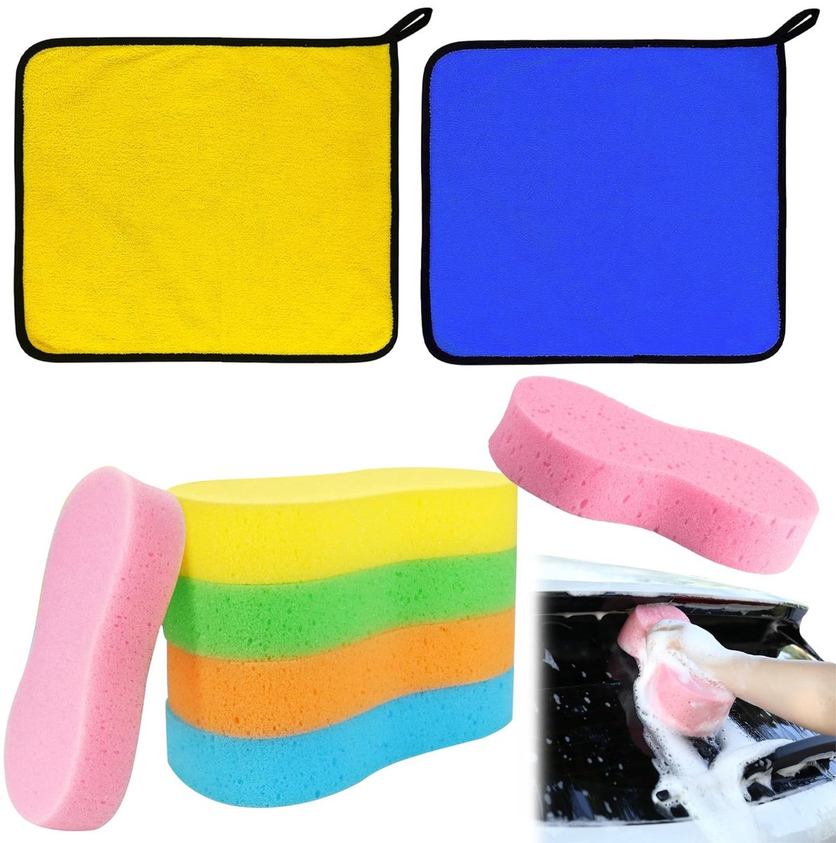 Dailygoods- Autowas Spons Set - 8-delige Schoonmaakset - 6 Grote Autowassponzen/Honingraatstructuur - 2 Microvezeldoeken - 25x25cm - Effectieve Autoreiniging