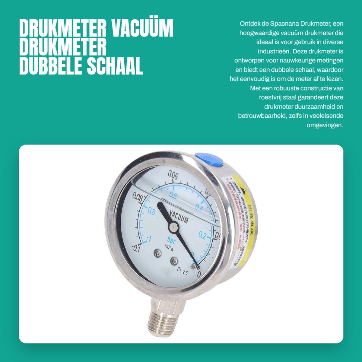 Dailygoods- Drukmeter Hoge Precisie - Dubbele Schaal - Roestvrij Staal - Schokbestendig - 1/4 Inch NPT - Geschikt voor Chemische Industrie