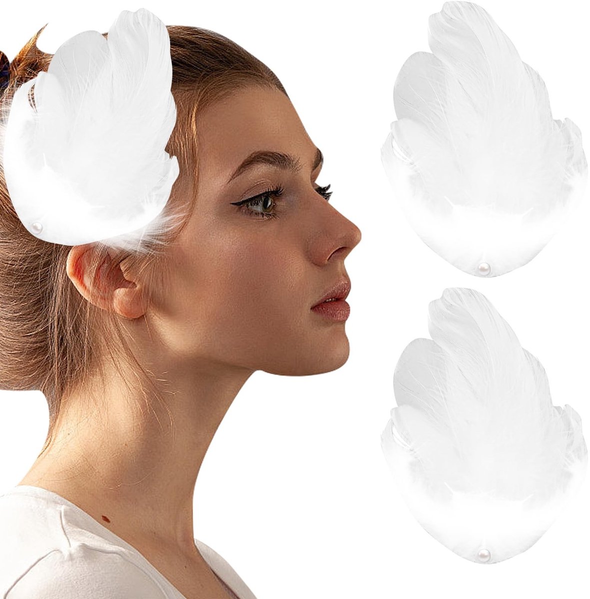 Dailygoods- Veren Haarclip 2 Stuks - Witte Haaraccessoires - Hoofddeksel Bruid - Zwaan Kostuum - Feestaccessoire - Elegant Design