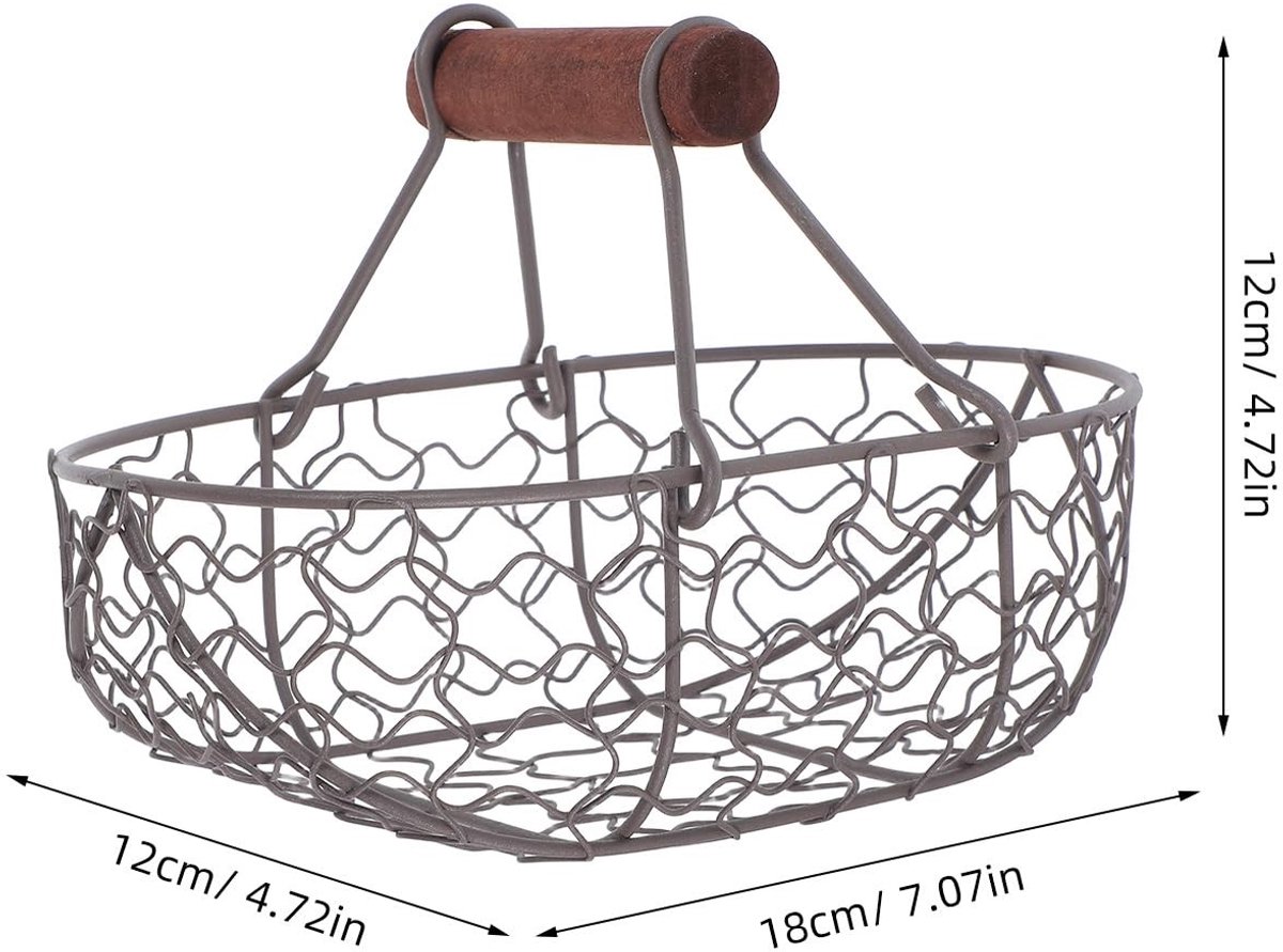 Dailygoods- Eiermand met Houten Handvat - Draad/Eiermand - Robuuste IJzeren Constructie - Rustiek Ontwerp - Stijlvolle Zwarte Afwerking - Eenvoudig Dragen - Opbergmand