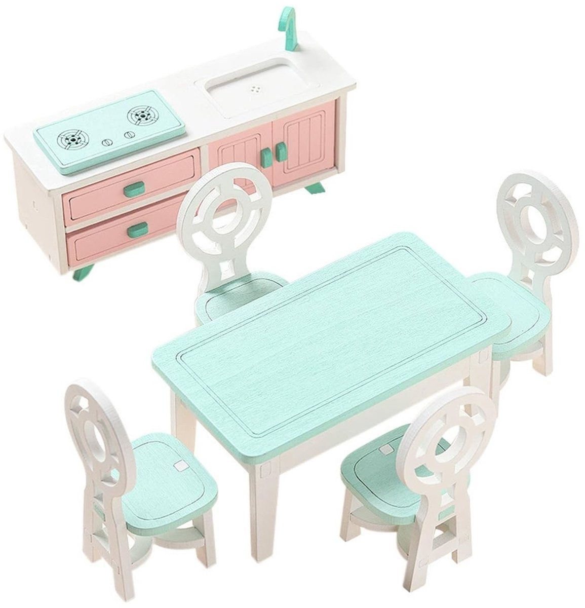 Dailygoods- Miniatuur Keuken Set - Poppenhuis Meubels Hout - Eettafel/Stoelen - 1:12 Schaal - Roze/Groen/Wit - Uitstekend Vakmanschap - Poppenhuismeubels