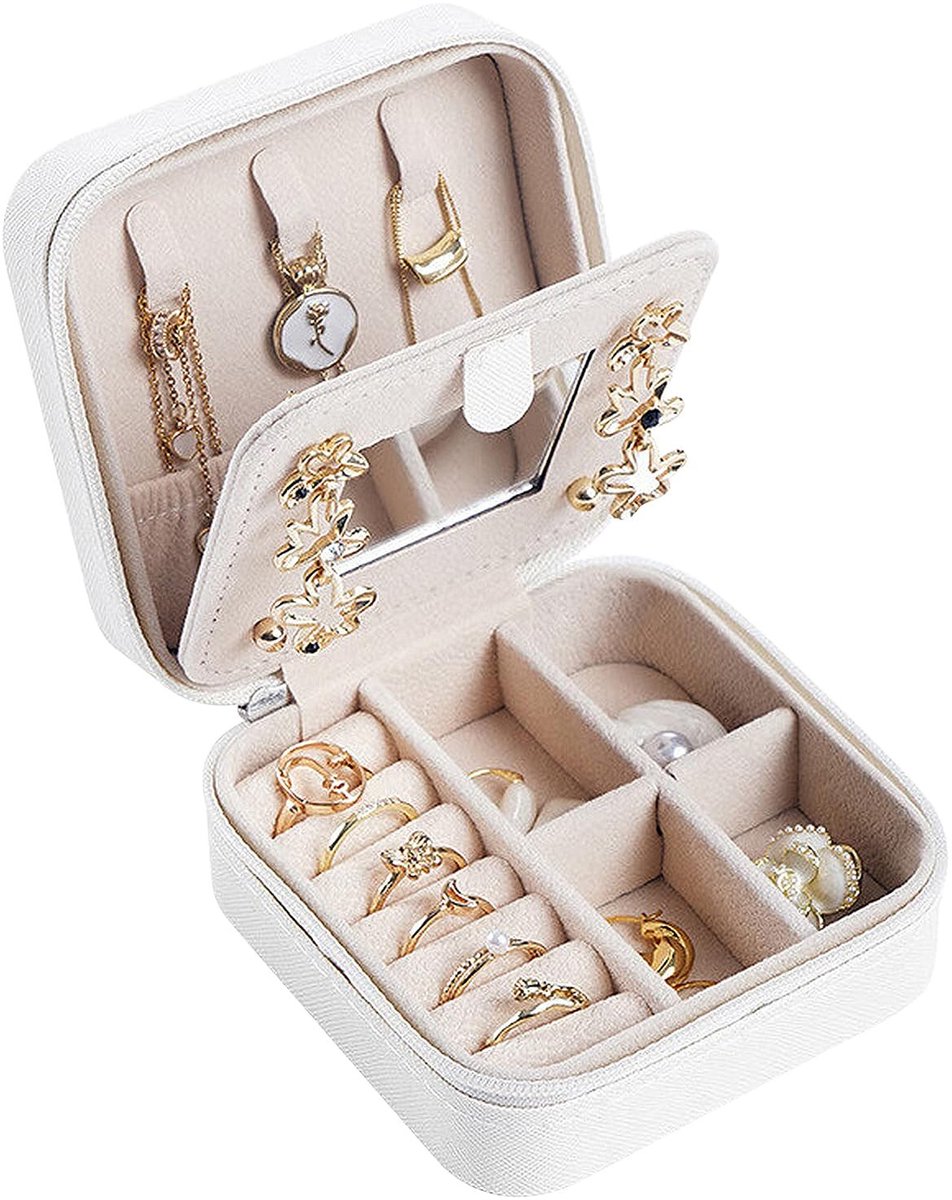 Dailygoods- Sieradendoosje Draagbaar - Sieraden Organizer - 10 x 10 x 5 cm - PU-leer - Verstelbare Scheidingswanden - Zacht Fluweel - Sieradenorganizer
