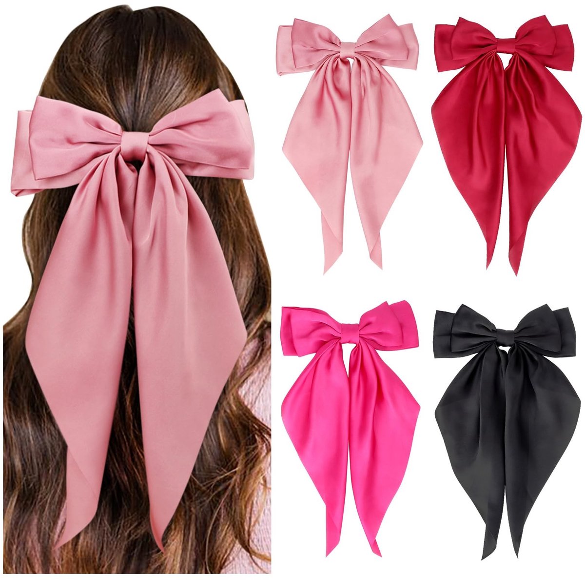 Dailygoods- Haarstrikken Grote Strik - Haarclip met Lange Staart - Haaraccessoires Dames - 4 Stuks - Premium Materiaal - Tijdloos Ontwerp