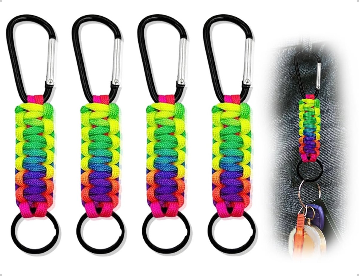 Dailygoods- Paracord-sleutelhangers Set van 4 - Karabijnhaak - Gevlochten Ophangring - Korte Ophangring - Kleurvol - 14x2,5 cm - Sleutelhanger