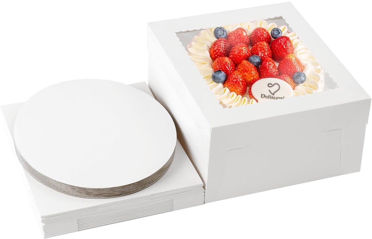 Dailygoods- Taartdozen Set van 10 - Inclusief Taartplaten - Met Venster - Opvouwbaar - Voedselveilig Materiaal - 30.5 x 30.5 x 20.3 cm - Gebakdozen