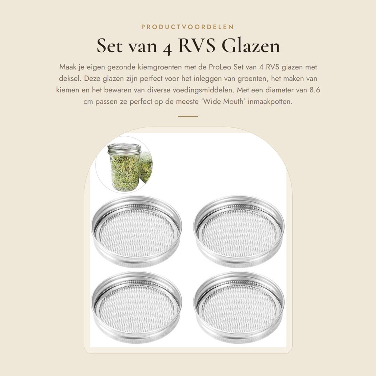 Dailygoods- Weckpotten Set van 4 - Glazen Potjes met Deksel - Fermentatiepot - Weckpotten Glas - Fijnmazige Zeef - Voor Kiemgroenten - Inmaakpotten