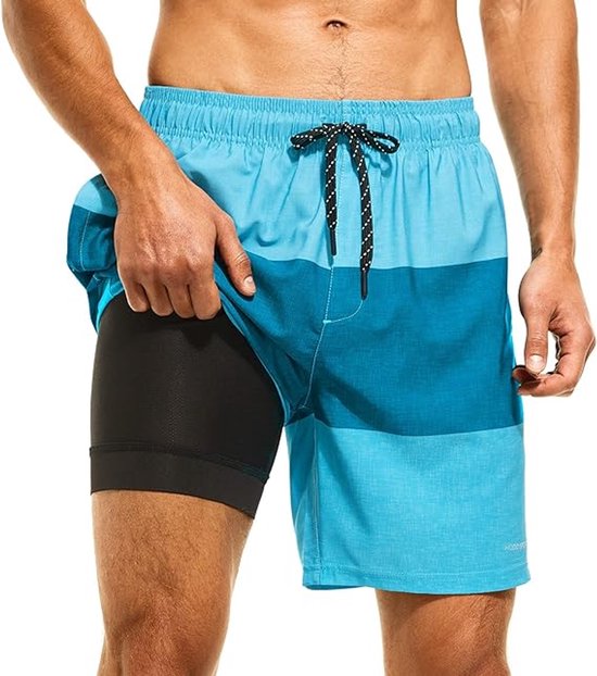 Short de bain bleu clair et turquoise à rayures horizontales, avec un short de compression noir en dessous et un cordon de serrage à rayures noires et blanches.