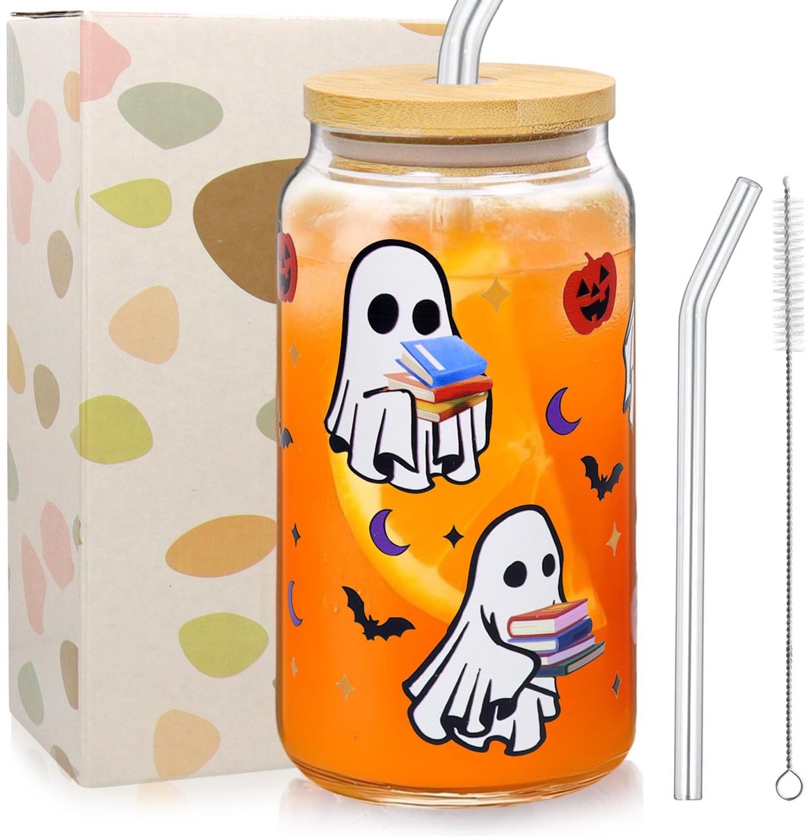 Dailygoods- Halloween Mok 500 ml - Drinkglas met Deksel/Rietje - Pompoenglas - Glazen Beker - Halloween/Herfst - Spookpatroon