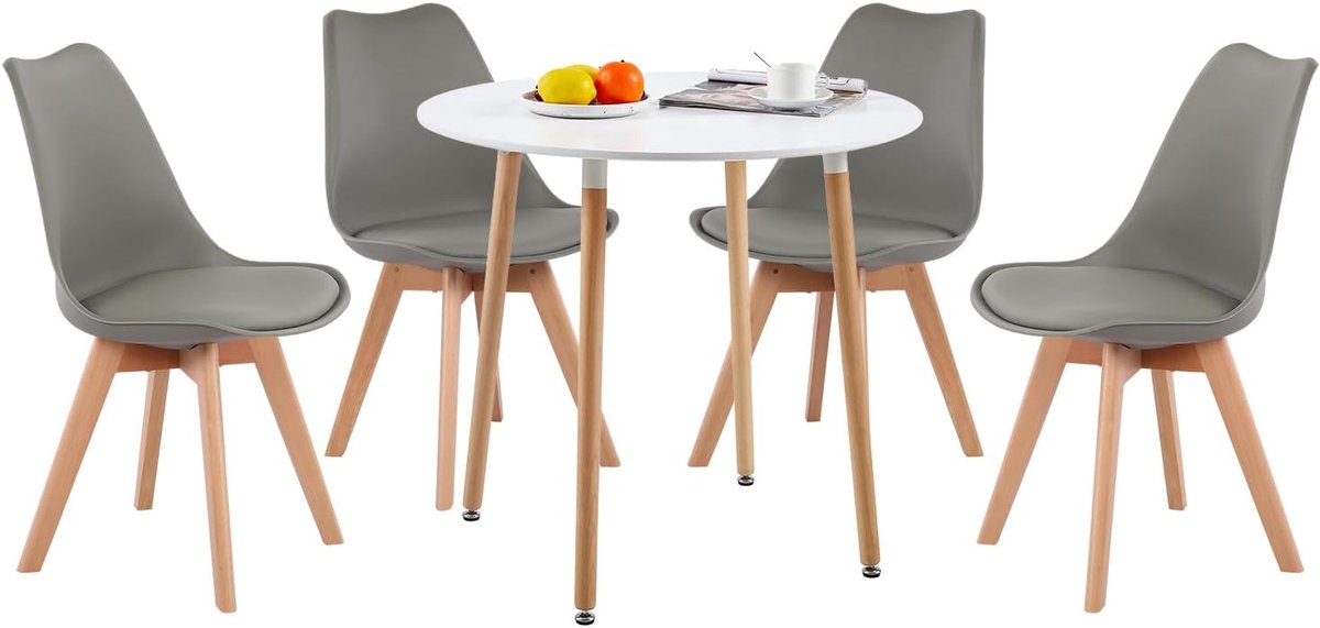 Eettafel met stoelen - Eetkamerset - Samen eten - Scandinavisch design - 80 cm rond - Wit