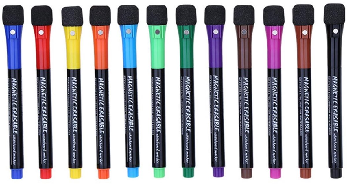 Dailygoods - Set van 12 Geurarme Whiteboardstiften met Gum in Diverse Kleuren