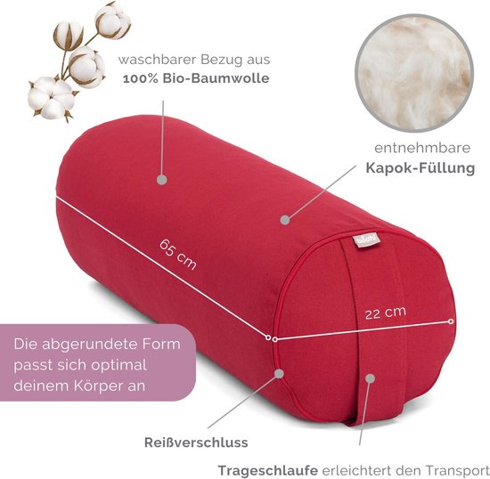 Yoga Bolster - Yogarol Kussen - Restoratieve Yoga - Kapok Vulling - 65 x 22 cm - Bordeaux — afbeelding 5