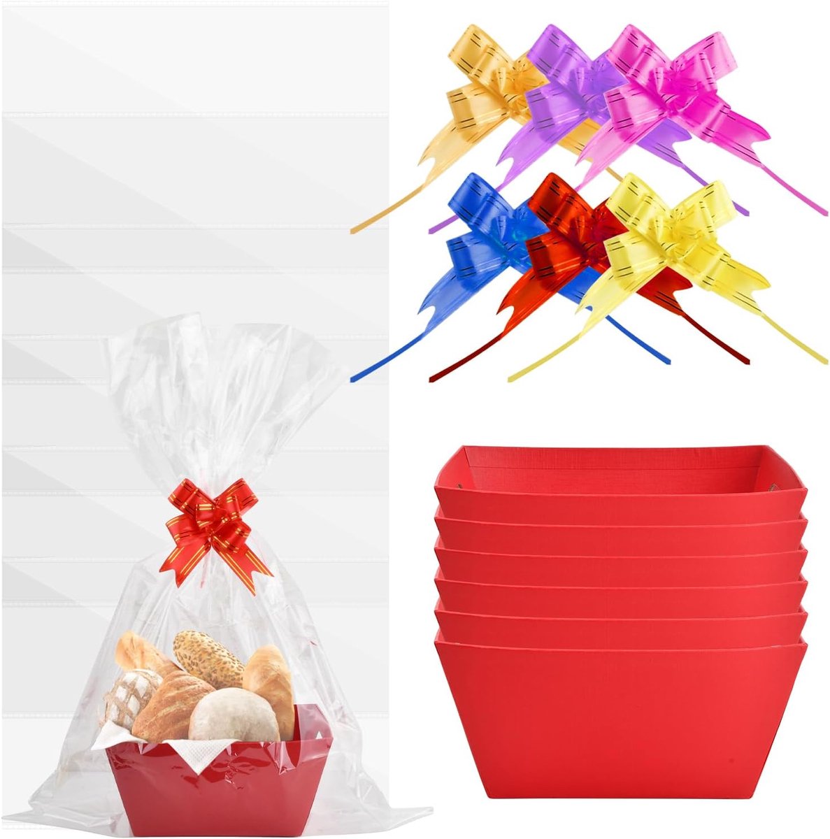 Geschenkmanden Set van 6 - Lege Mand met Zakjes en Strikken - Rechthoekige Papieren Geschenkmanden voor Dames en Heren