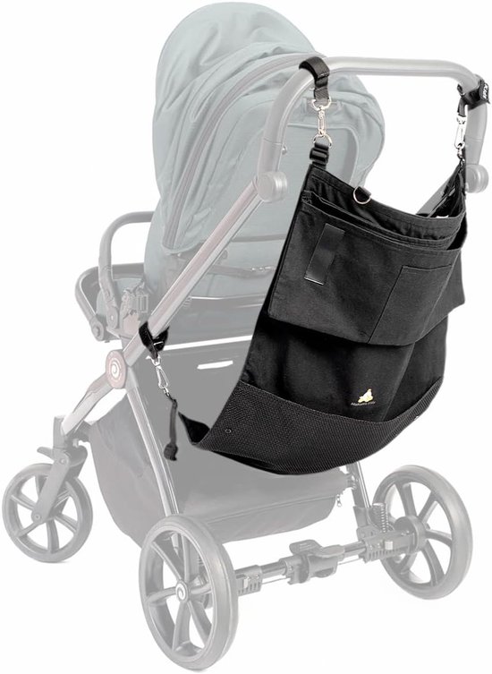 Zwarte kinderwagenhangmat met MaKaMa Kids logo, bevestigd aan een kinderwagen.