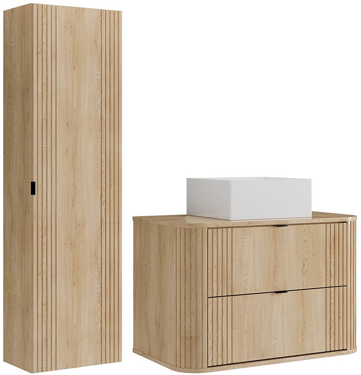 Vente-unique Zwevend badkamermeubel met vierkante opzetwastafel en kolomkast - Licht naturel - 80 cm - FILOR