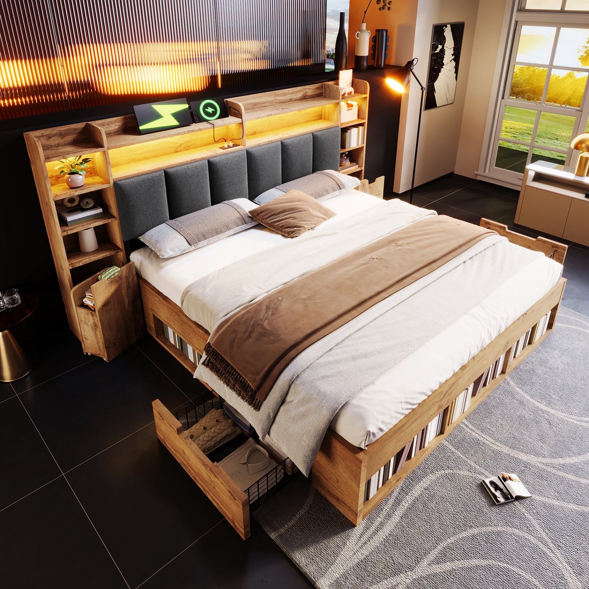 Zubaliya Tweepersoonsbed van 160x200 cm, Eikenhouten Afwerking, Gestoffeerd Hoofdbord met Ledverlichting, Nachtkastjes met USB- en Type-C-aansluitingen, Opbergruimte en Uitschuifbare Lades, Lattenbodem (Matras niet Inbegrepen) Wood-160*200
