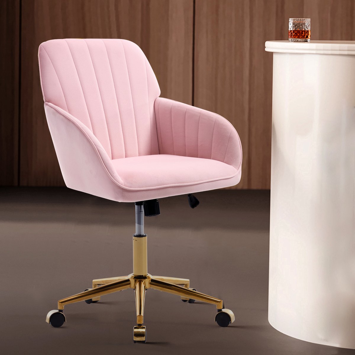 FloraGrace Bureaustoel - Ergonomisch en In Hoogte Verstelbaar - Fluweel - Roze - Draaibaar Voor Thuiswerk en Slaapkamer thumbnail 4